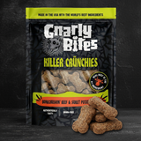 Package of Charly Bites Killer Crunchies dog treats with visible treats in front