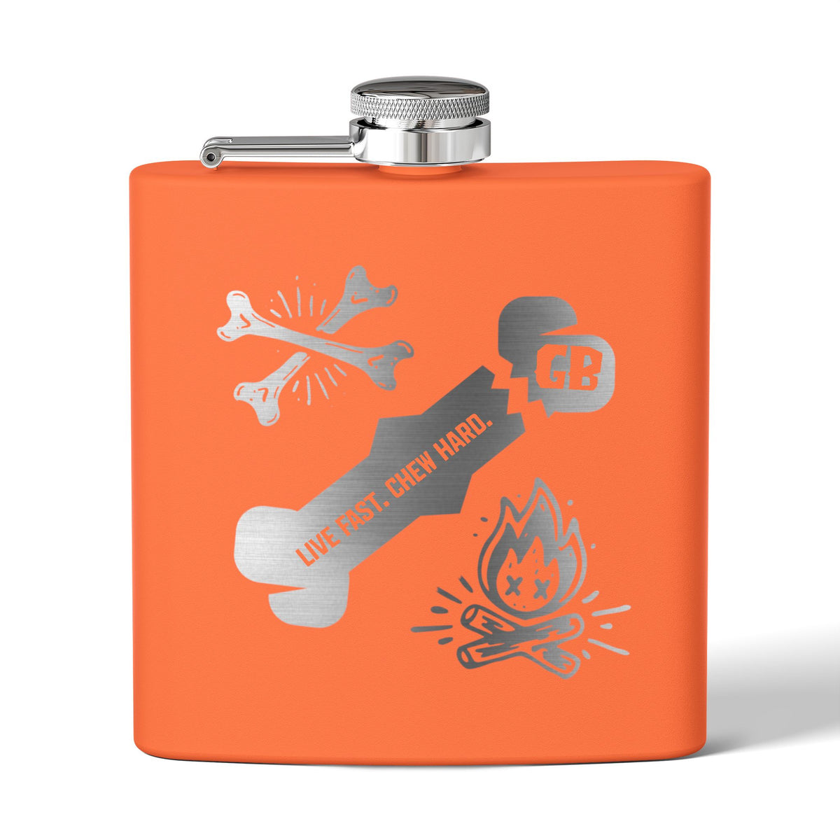 6oz Camping Flask or Dog Water Carrying Device - Stainless Steel Hip Flask with Campfire & Bones Design