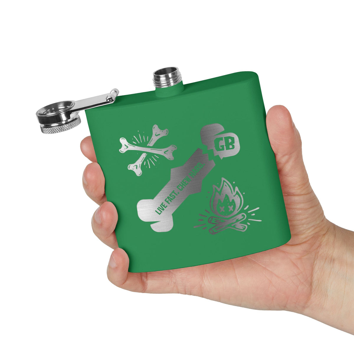 6oz Camping Flask or Dog Water Carrying Device - Stainless Steel Hip Flask with Campfire & Bones Design