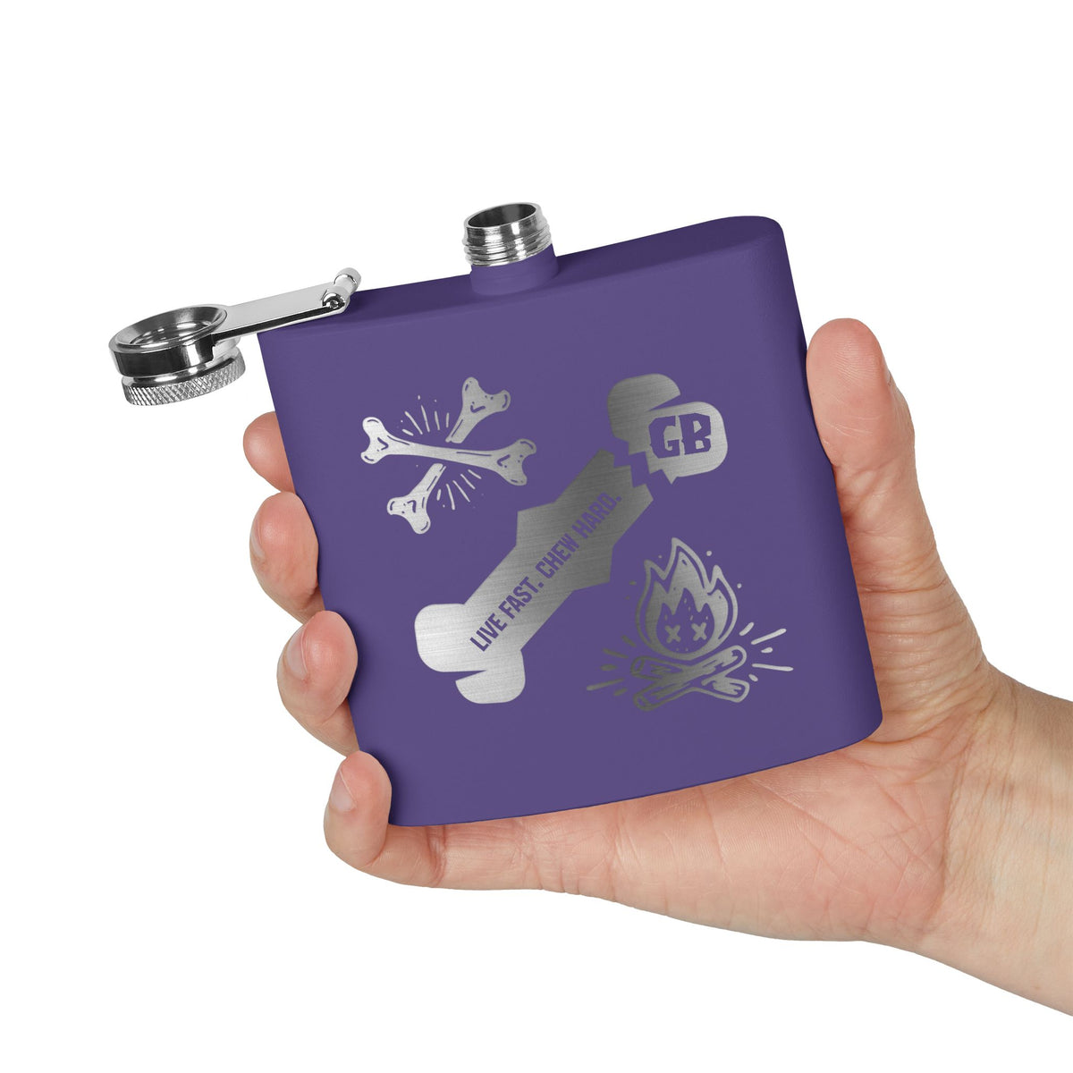 6oz Camping Flask or Dog Water Carrying Device - Stainless Steel Hip Flask with Campfire & Bones Design