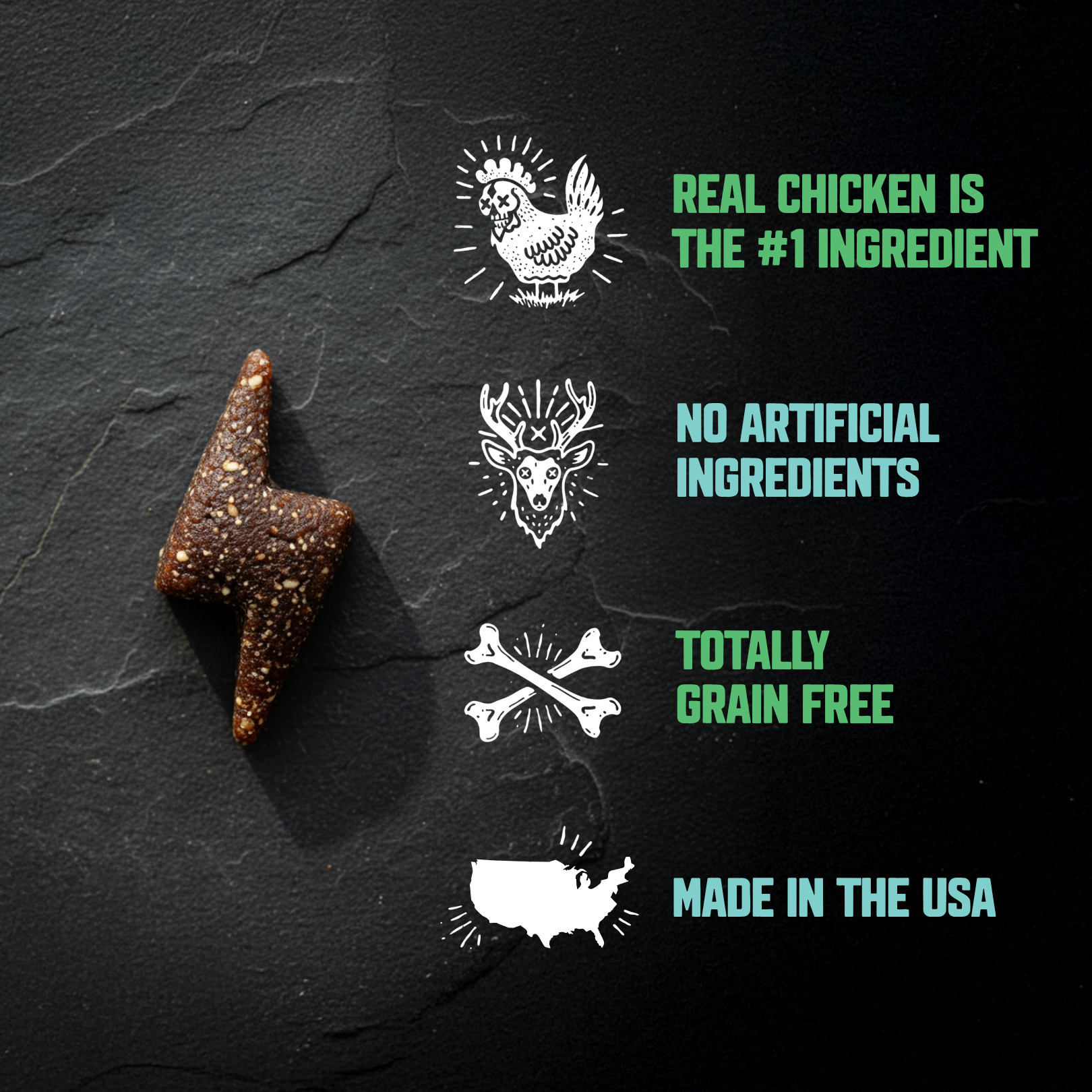 A single brown textured pet treat or chews piece is shown on a dark slate background beside four informational graphics and text: a chicken icon with 'REAL CHICKEN IS THE #1 INGREDIENT,' a deer icon with 'NO ARTIFICIAL INGREDIENTS,' crossed bones with 'TOTALLY GRAIN FREE,' and a USA map icon with 'MADE IN THE USA.'.