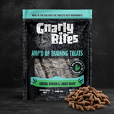 Gnarly Bites Amp'd Up Training Treats packaging with treats on a dark background