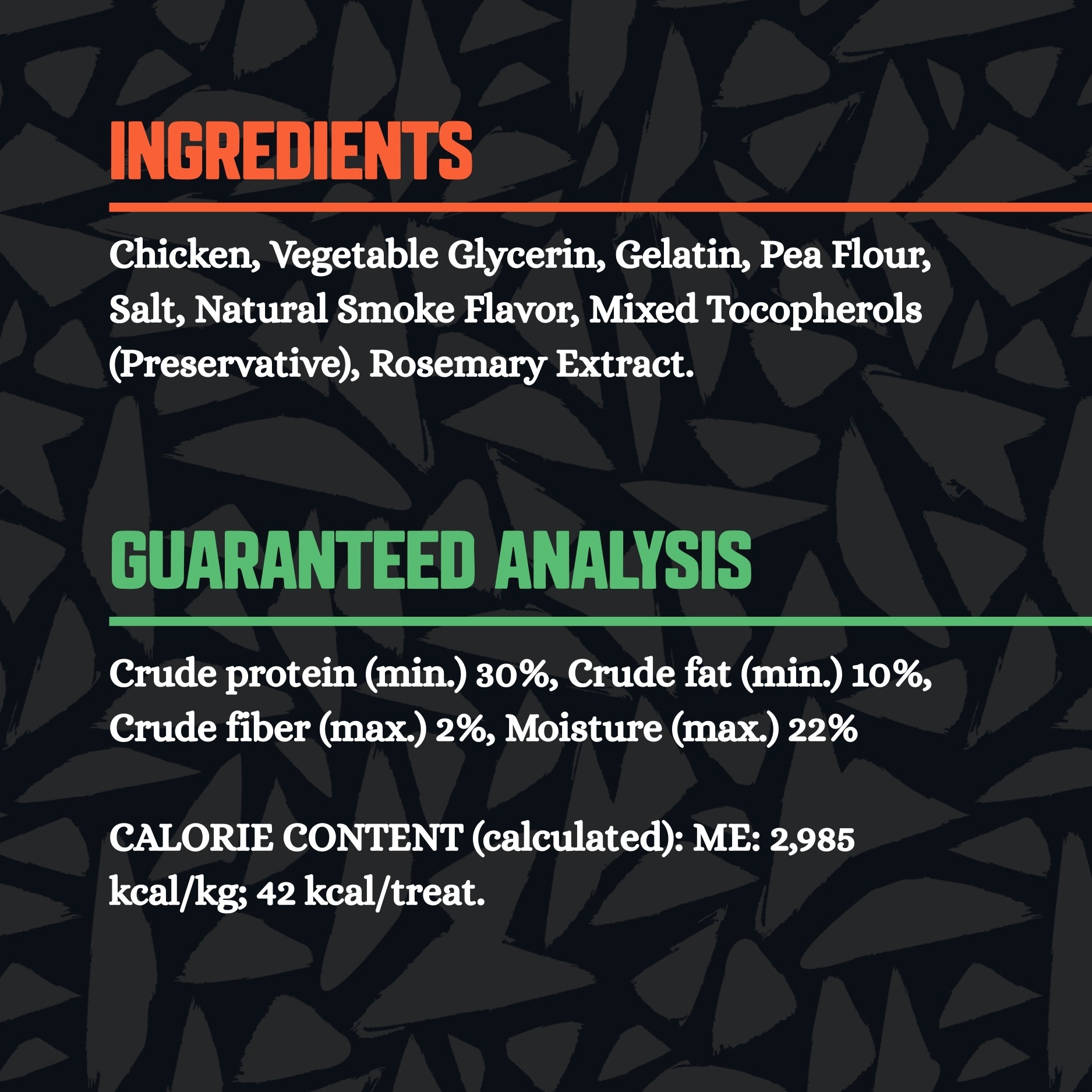 Ingredients and guaranteed analysis for a product on a dark background with text.