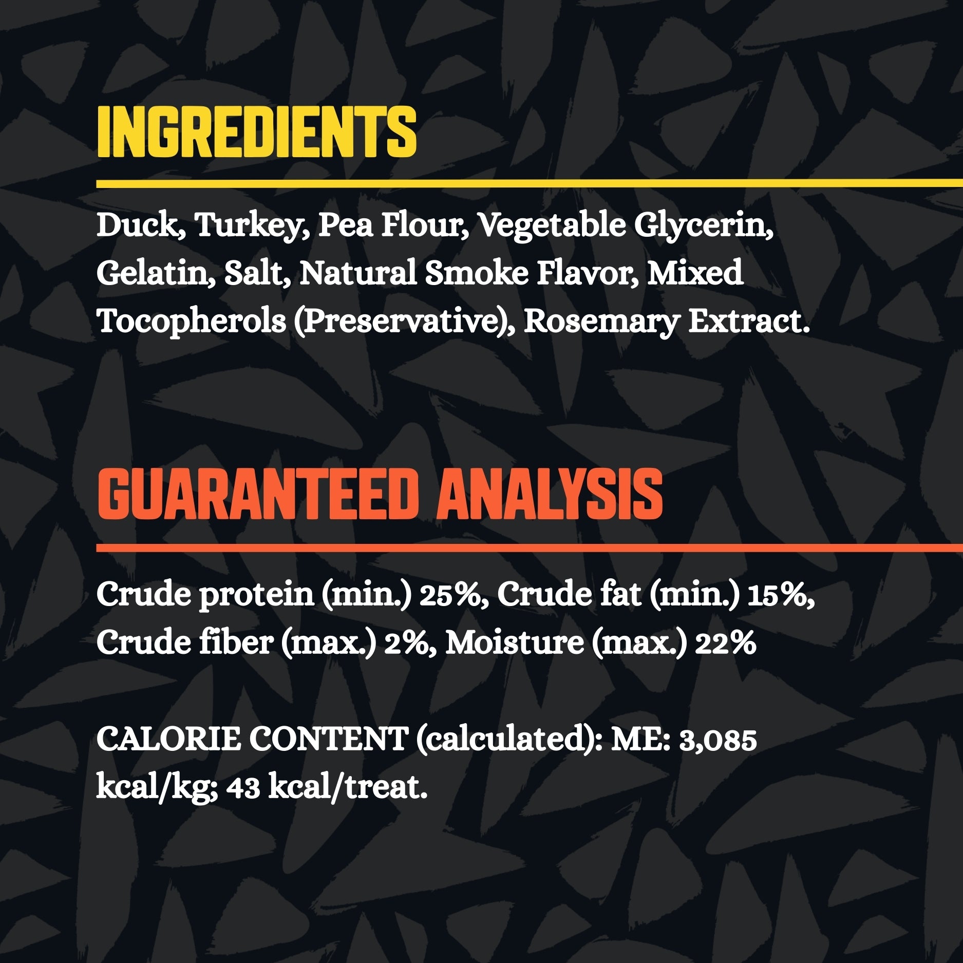 Ingredients and guaranteed analysis for a product on a black background with yellow and orange text.