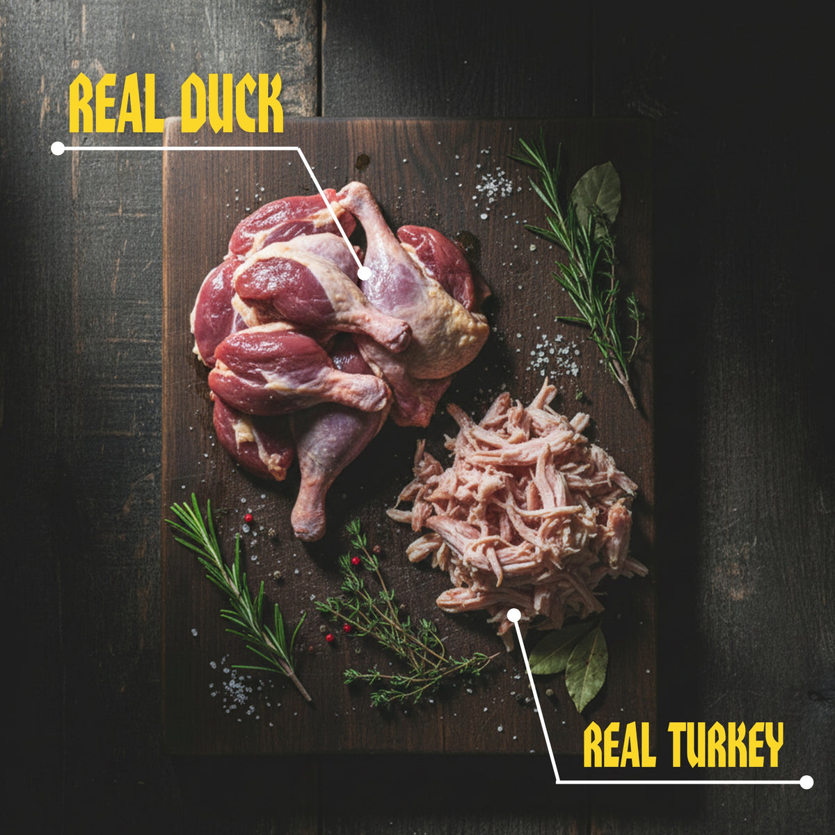 Raw duck and turkey on a wooden board with herbs, labeled 'Real Duck' and 'Real Turkey'.