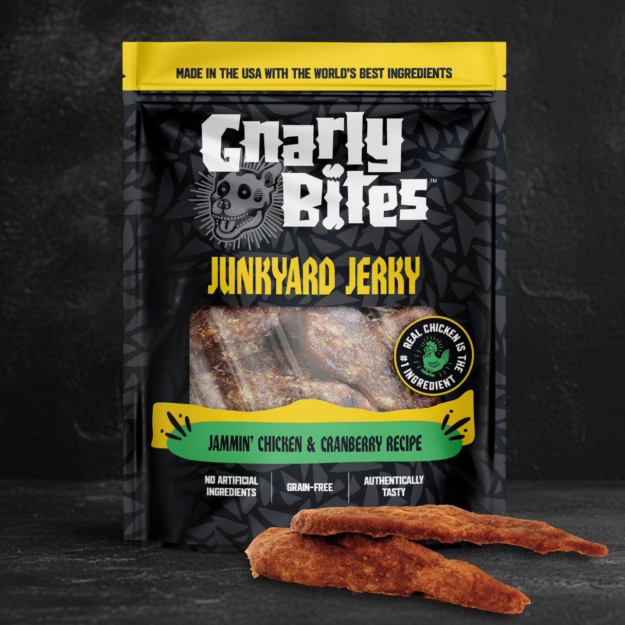 Gnarly Bites Junkyard Jerky package with jerky on a dark background