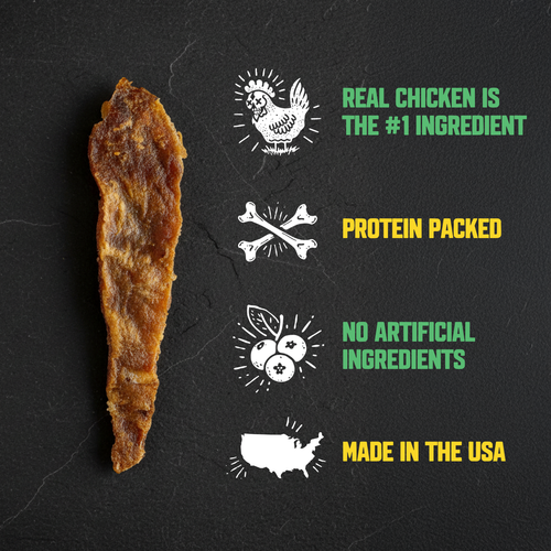 A single strip of brown jerky or dried meat snack is shown on a dark textured background with marketing text and icons: 'REAL CHICKEN IS THE #1 INGREDIENT,' 'PROTEIN PACKED,' 'NO ARTIFICIAL INGREDIENTS,' and 'MADE IN THE USA.'.