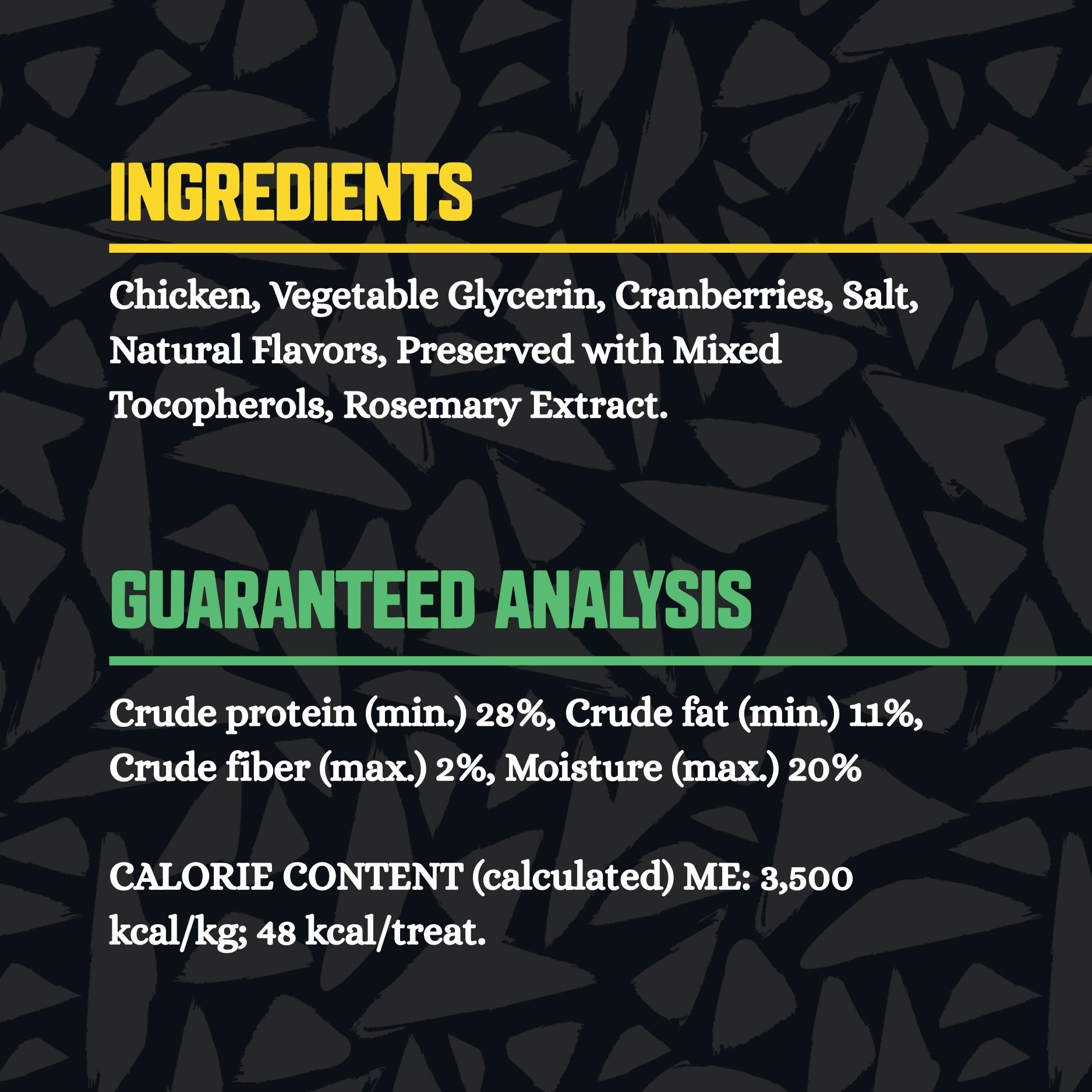 Ingredients and guaranteed analysis for a product on a black background with yellow and green text.