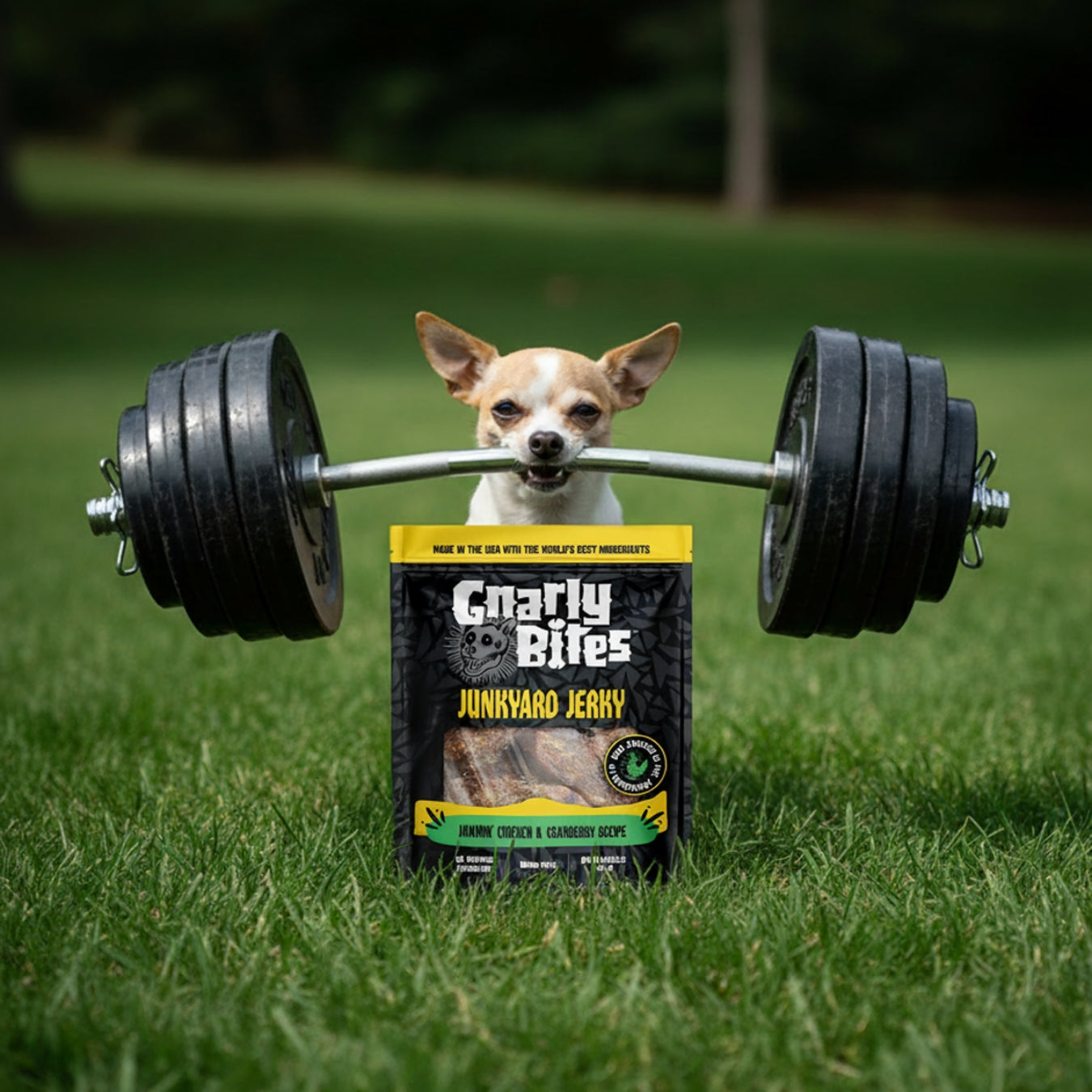 Dog lifting a barbell with Gnarly Bites Junkyard Jerky packaging in the foreground on grass.