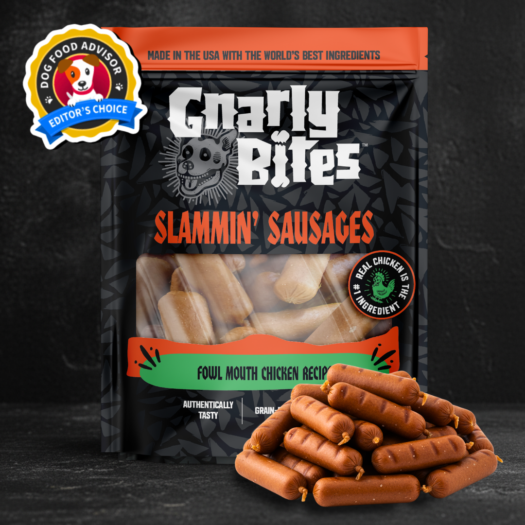 Packaging of Gnarly Bites Slammin' Sausages with sausages in front on a dark background