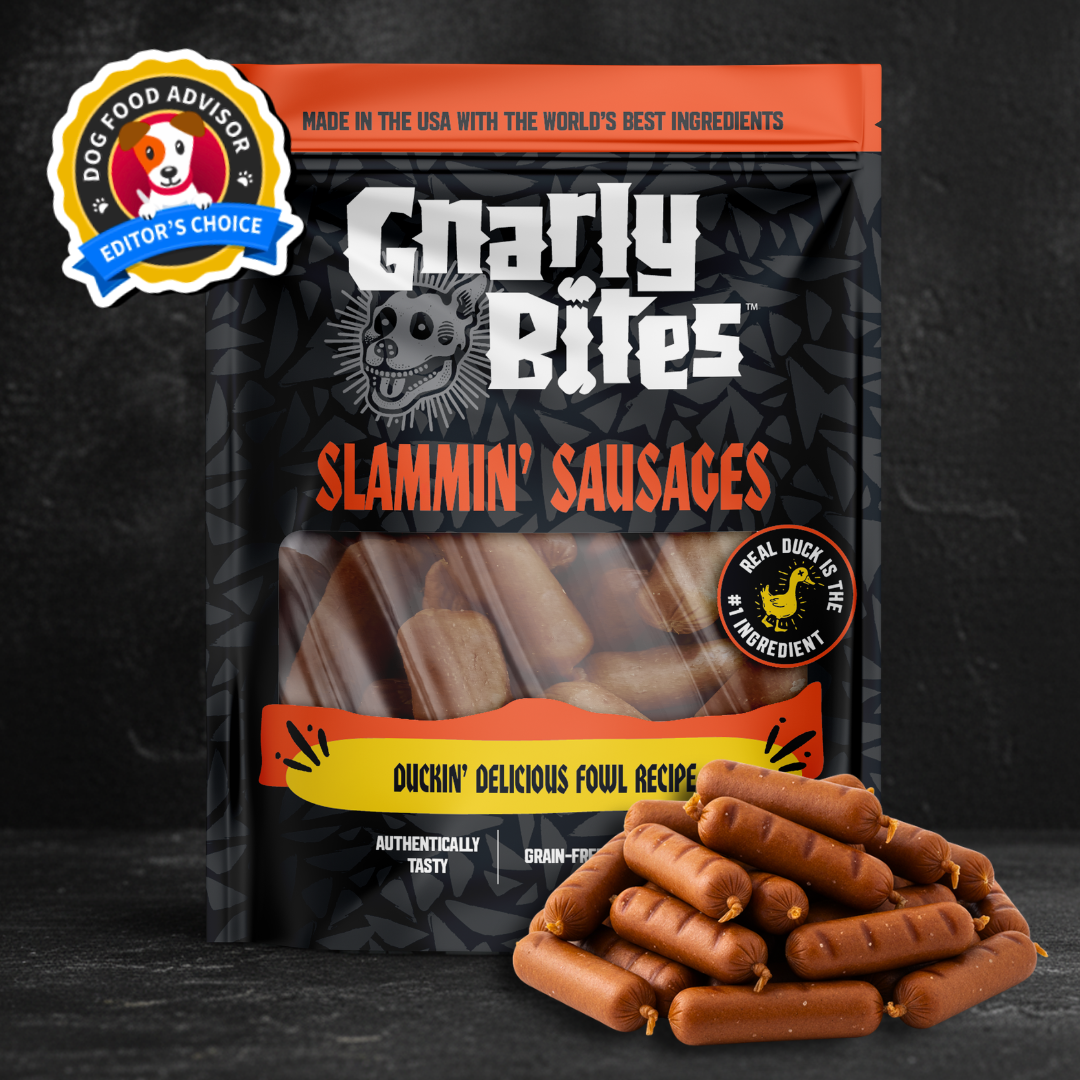Gnarly Bites Slammin' Sausages packaging with sausages in front on a dark background