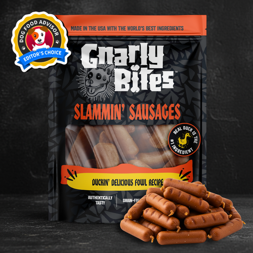 Gnarly Bites Slammin' Sausages packaging with sausages in front on a dark background